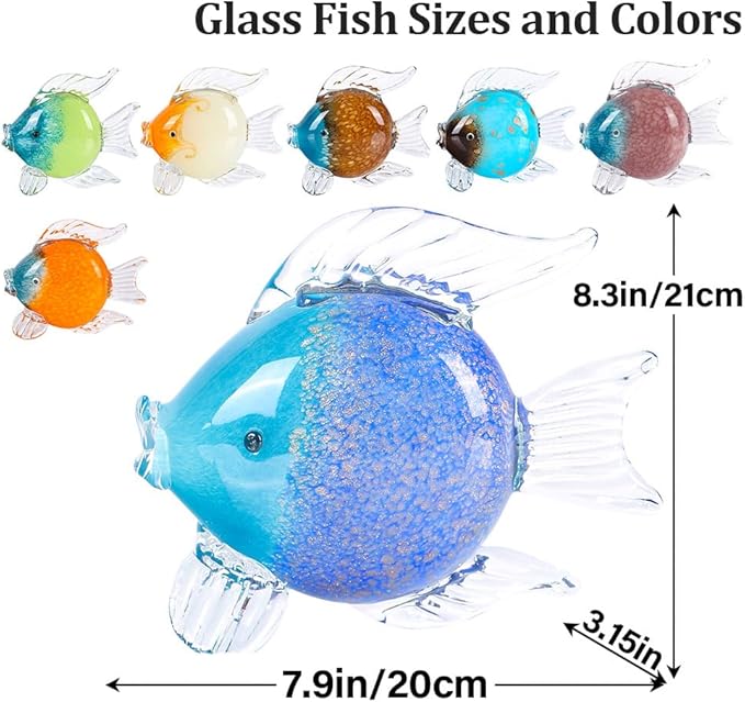 QIANLING Glass Fish Figurines - Coastal Home Decor, Modern Ocean Centerpieces for Living Room, Dining Area, Bathroom, Office, Coffee Table, Beach House, Nautical, Seaside, Entrance, Shelf Display