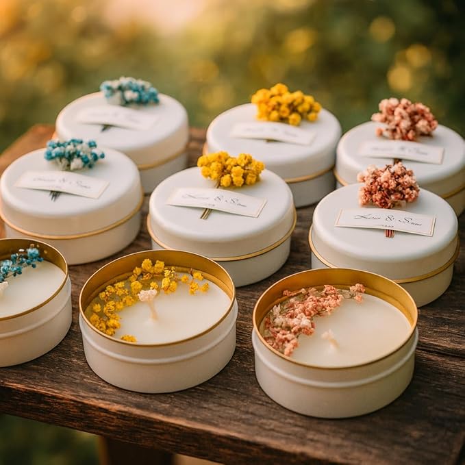 Personalized Natural Soy Wax Wedding Favor Candle Gift Set for Guest - Fall Winter Christmas Custom Dried Flower Bridal Baby Shower Gifts in Bulk (30 Pieces, Yellow Flower)