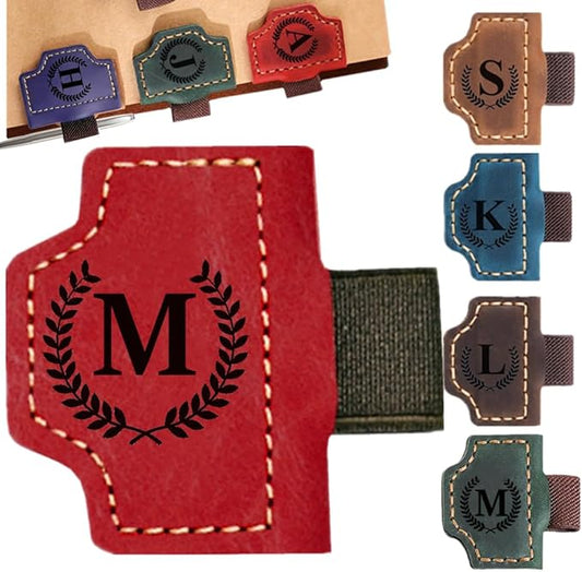 Custom Bookmark with Pen Holder with 26 Letters Personalized Magnetic Leather Book Mark, Customized Name Book Marker Clip with Initial for Men Women, Gifts for Book Lovers, Readers, (Red, M)