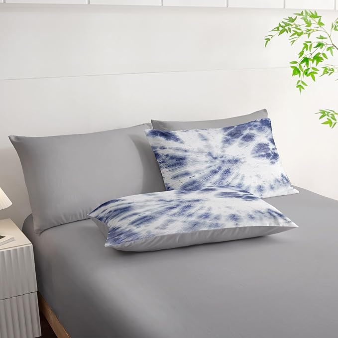 7Pcs Comforter Set Blue Tie Dye Printed Bedding Set with 1 Comforter, 1 Flat Sheet, 1 Fitted Sheet and 4 Pillowcases for Boys and Girls Bedroom All Season(Tie Dye Twin)