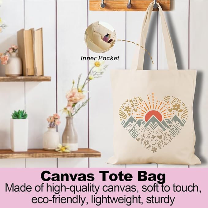 jeilink Cute Mountain Adventure Sunshine Canvas Tote Bag Camping Gifts Weekender Grocery Bags for Women Girls