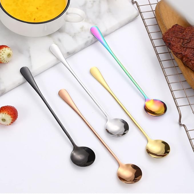 Rose Gold Stainless Steel Serving Spoons - Mirror Finish Set of 5 for Soup, Rice, Tea, Milk, Coffee & Dessert