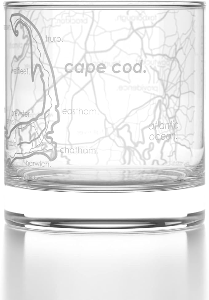 Well Told Engraved Cape Cod Massachusetts Map Rocks Glass, Old Fashioned Whiskey Glass (11 oz, Clear) Etched Whiskey Glass, Gifts For Whiskey Lovers
