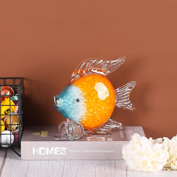 QIANLING Glass Fish Figurines - Coastal Home Decor, Modern Ocean Centerpieces for Living Room, Dining Area, Bathroom, Office, Coffee Table, Beach House, Nautical, Seaside, Entrance, Shelf Display