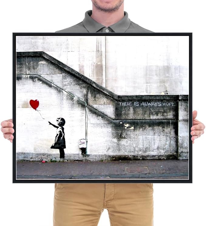 Wieco Art Framed Canvas Wall Art Giclee Canvas Prints of Banksy Grafitti Girl with Red Balloon Abstract Artwork for Wall Decor Home Decorations Black Frame