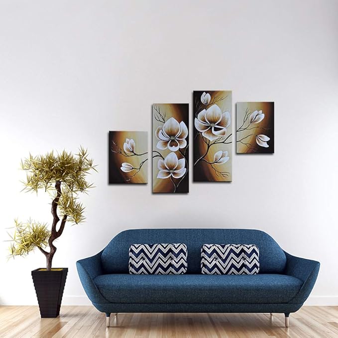 Wieco Art Large Modern 4 pcs 100% Hand Painted Gallery Wrapped Abstract Floral Oil Paintings on Canvas Wall Art Yellow Flowers Bloom Artwork Ready to Hang for Living Room Bedroom Home Decorations L