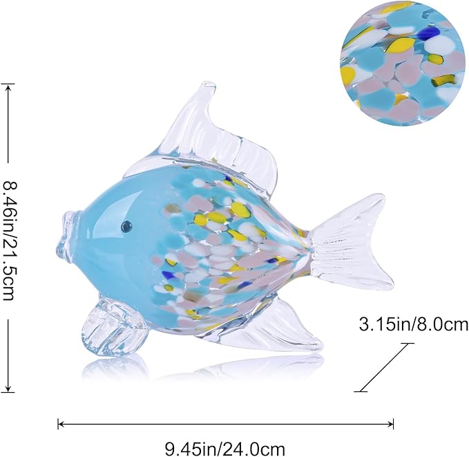 LCCCK Large Hand Blown Glass Fish Figurines, Aquarium Sea Glass Art, Fish Statue Sculpture Modern Coastal Accent - for Beach Knick Knacks, Coffee Tables, Nautical Offices Centerpiece (Colorful Blue)