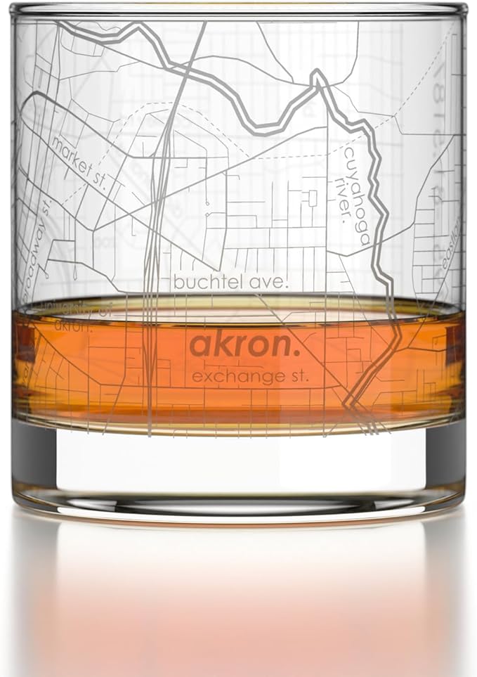 Well Told Engraved Akron Ohio Map Rocks Glass, Old Fashioned Glassware (11 oz, Clear) Etched Bourbon Tumbler, Gifts For Whiskey Lovers
