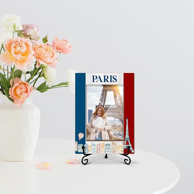 Lesixur Paris Eiffel Tower Travel Photo Frame, Wedding Honeymoon Souvenir Gift for Couples Friends, 4x6 Wooden Picture Frame with Iron Stand for Tabletop Desktop Display, Home Table Decor -043