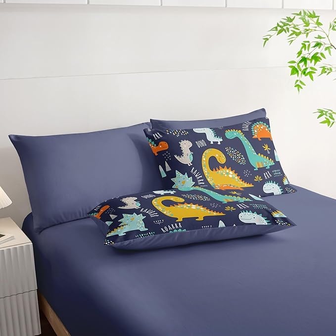 7Pcs Comforter Set Cartoon Dinosaur Printed Bedding Set with 1 Comforter, 1 Flat Sheet, 1 Fitted Sheet and 4 Pillowcases for Boys and Girls Bedroom All Season(Full)