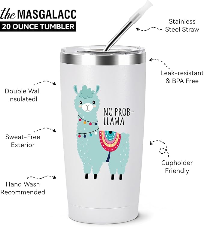 MASGALACC Llama Gifts for Women 20oz Coffee Tumbler Drink Cup - Very Funny Tumbler with lid and Straw - White Elephant Gifts Lama Cup Christmas Gift for Mom Sister Friend