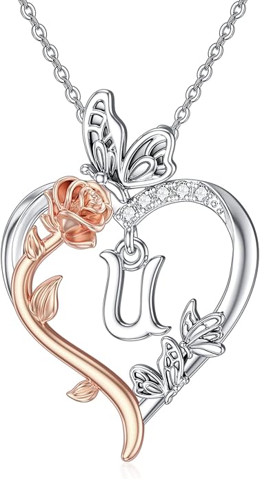 TOUPOP Rose Heart Necklaces Gifts for Women 925 Sterling Silver Butterfly Heart Initial Necklace Anniversary Valentines Day Birthday Jewelry Gifts for Mom Her Wife Girlfriend Daughter