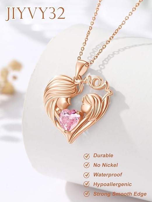 Mother and Daughter/Son Love Heart Necklace White Gold/14K Gold/Rose Gold Birthstone Jewelry Christmas Mothers Day Birthday Gifts For Mom Wife Grandma Women