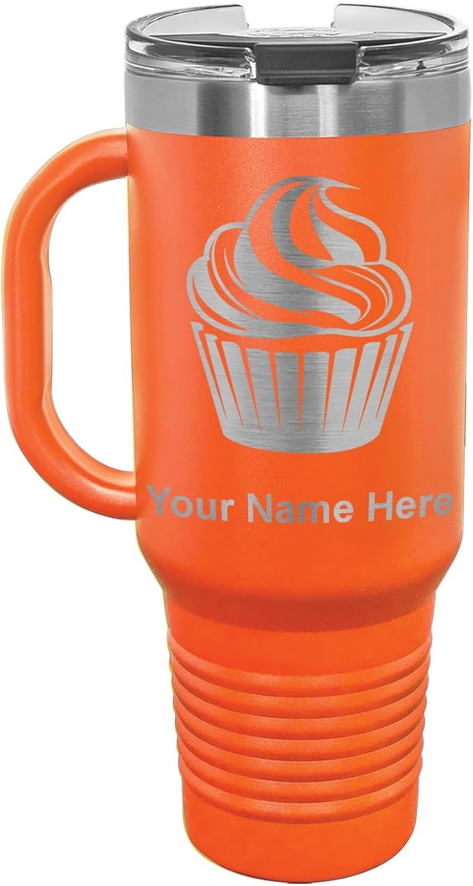 LaserGram 40oz Vacuum Insulated Travel Mug with Handle, Cup Cake, Personalized Engraving Included (Orange)