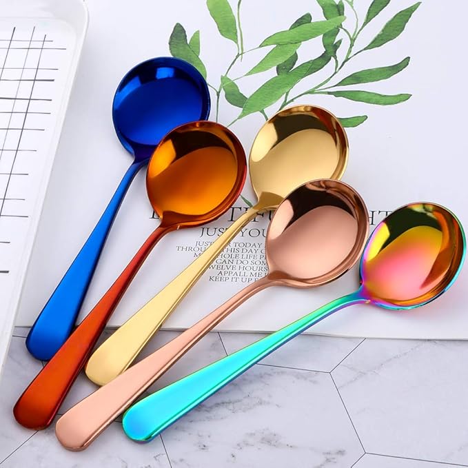 Buyer Star 8 Pieces Stainless Steel Round Soup Spoon, 6.3 Inch Mirror Polished Spoon Cutlery, Dishwasher Safe (Mixed color)