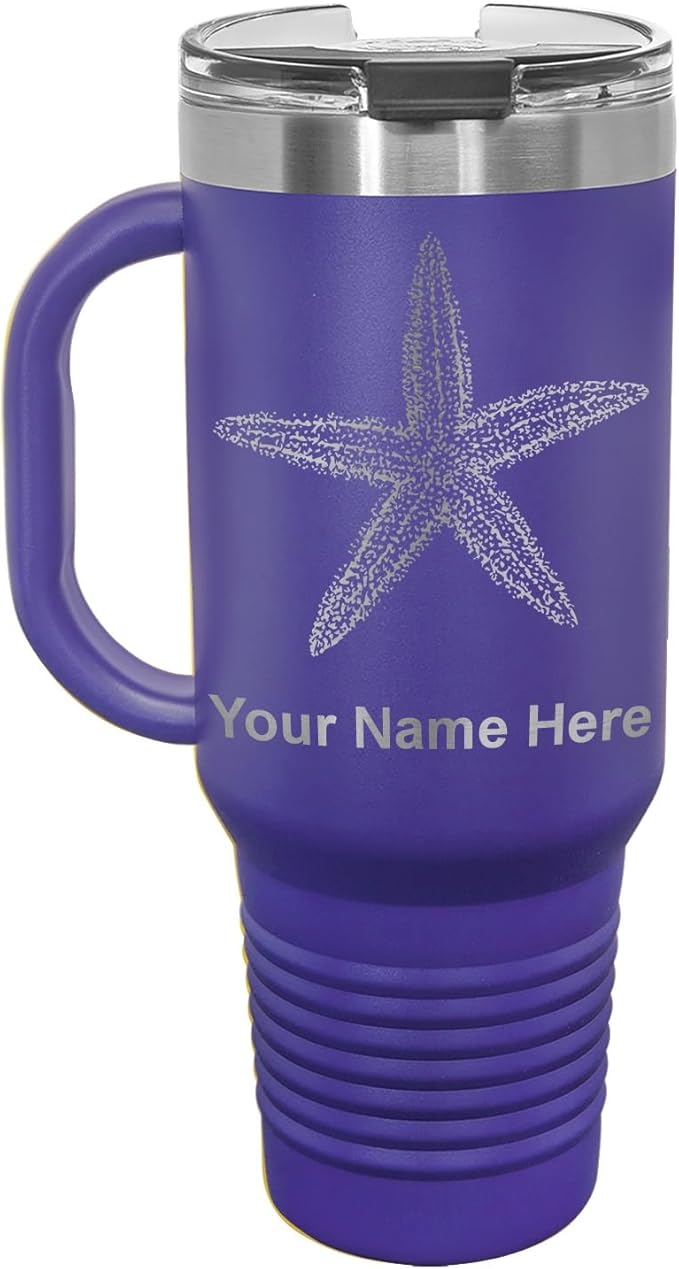 LaserGram 40oz Vacuum Insulated Travel Mug with Handle, Starfish, Personalized Engraving Included (Dark Purple)