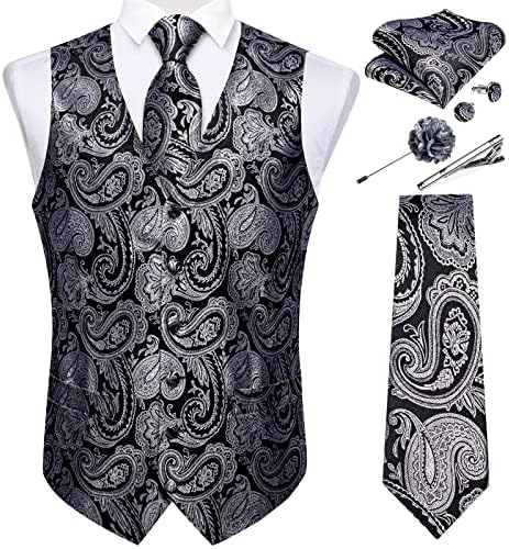 DiBanGu Mens Vest and Tie Set Formal Paisley Waistcoat and Necktie Pocket Square Cufflinks Silk Suit Vest for Tuxedo Wedding by DiBanGu