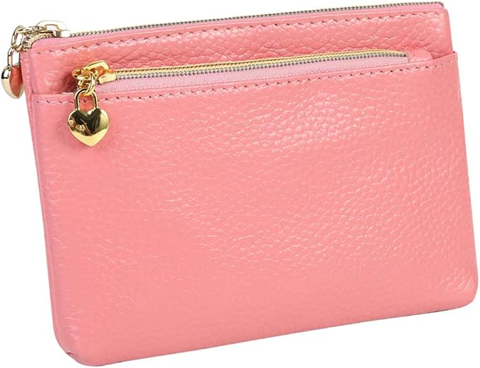 Women's Genuine Leather Coin Purse Zipper Pocket Size Pouch Change Wallet, Pink