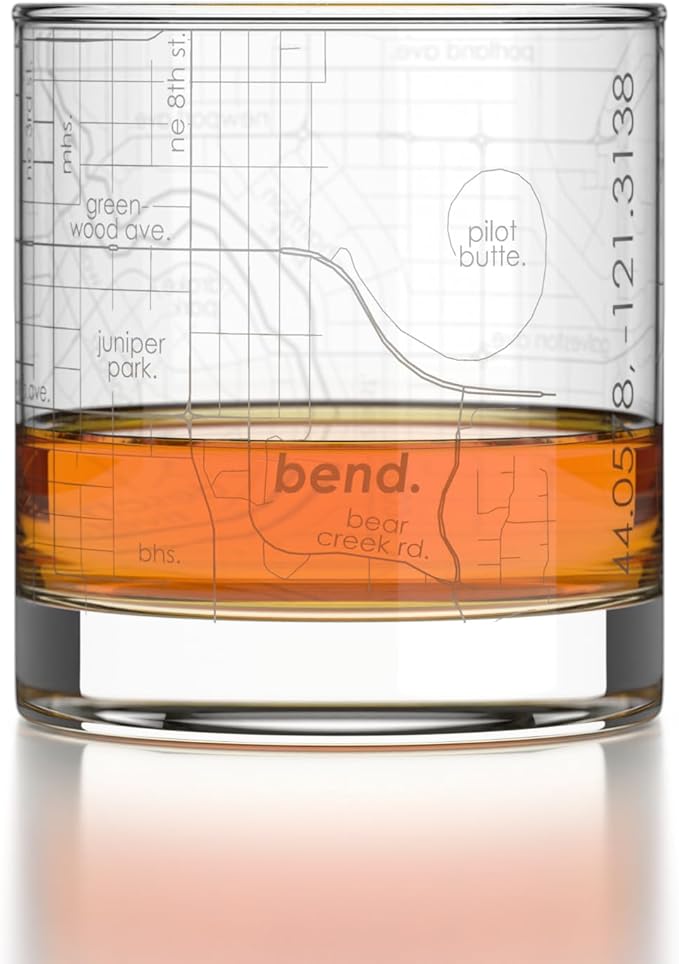 Well Told Engraved Bend Oregon Map Rocks Glass, Old Fashioned Glassware (11 oz, Clear) Etched Bourbon Tumbler, Gifts For Whiskey Lovers