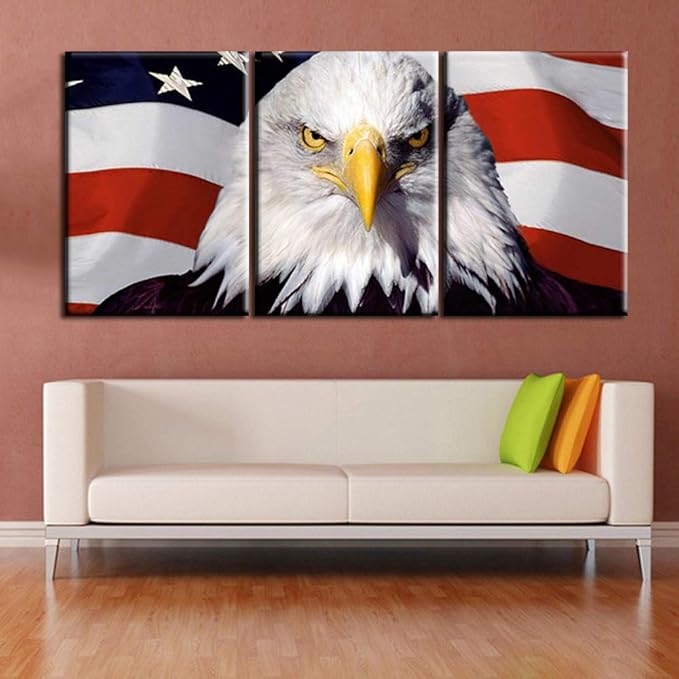Native America Flags Paintings Bald Eagle Head Pictures for Living Room Patriotism Artwork 3 Piece Canvas Prints Wall Art Modern House Decorations Framed Gallery-Wrapped Ready to Hang(60''Wx28''H)