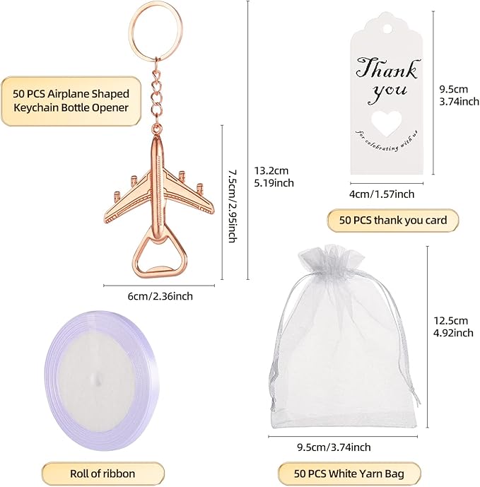 50PCS Rose Golden Airplane Bottle Opener Keychains for Wedding or Bridle Shower Favors,Baby Shower Gifts, Souvenirs to Guests Bluk