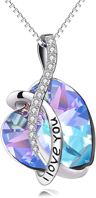 AOBOCO I Love You Sterling Silver 12 Birthstone Heart Pendant Necklace Embellished with Crystals from Austria, Mother's Day Anniversary Birthday Jewelry Christmas Gifts for Women Grandma Nana