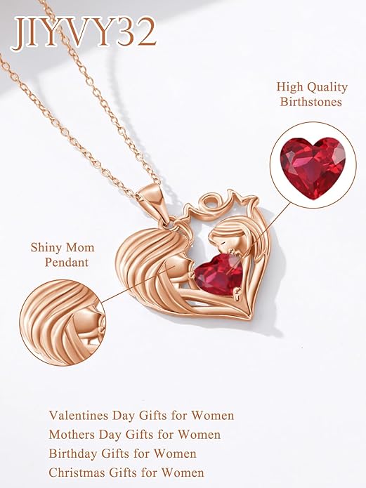 Mother and Daughter/Son Love Heart Necklace White Gold/14K Gold/Rose Gold Birthstone Jewelry Christmas Mothers Day Birthday Gifts For Mom Wife Grandma Women
