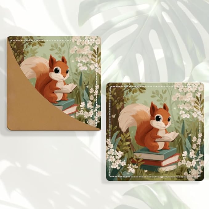 2PCS Leather Bookmarks 3.54 x 3.54 Inch Cute Squirrel Reading Books Design Reading Accessories for Books Journals Bibles Travel Diary Students Teachers and Book Lovers Gift