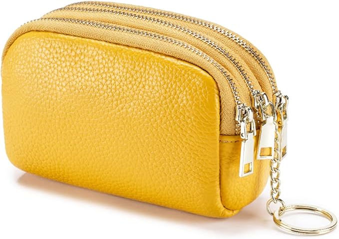 LINNO 3 Zippered Genuine Leather Coin Purse Triple Capacity Change Pouch Little Travel Wallet With Key Ring for Women