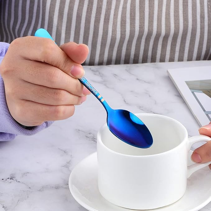 Blue Unique Pattern Design Coffee Espresso Spoons Mini, Mingcheng Stainless Steel Small Teaspoons Silverware Set of 6, BISDARUN 5.5 Inches Food Spoons for Demitasse Dessert Tea