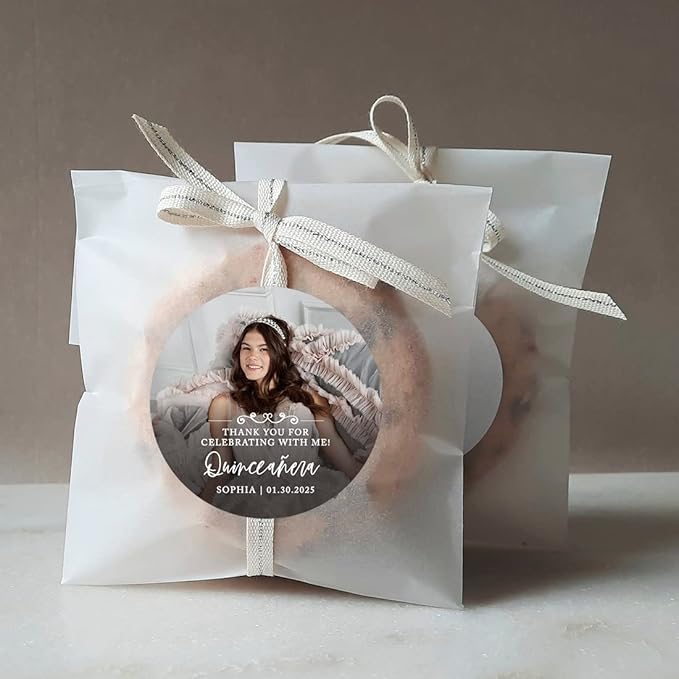 Andaz Press 40-Pack Personalized 2" Round Circle Quinceañera Labels Thank You for Celebrating with Me Sticker with Custom Photo for Quince Favors, Invitations, 15th Birthday, Decorations