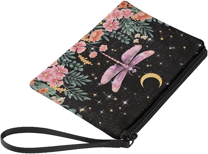 Dolyues Dragonfly Print Coin Purse Tote Change Pouch Zipper Clutch for Women Moon Pattern Coin Bag Travel Wallet Money Organizer Card Holder, Black