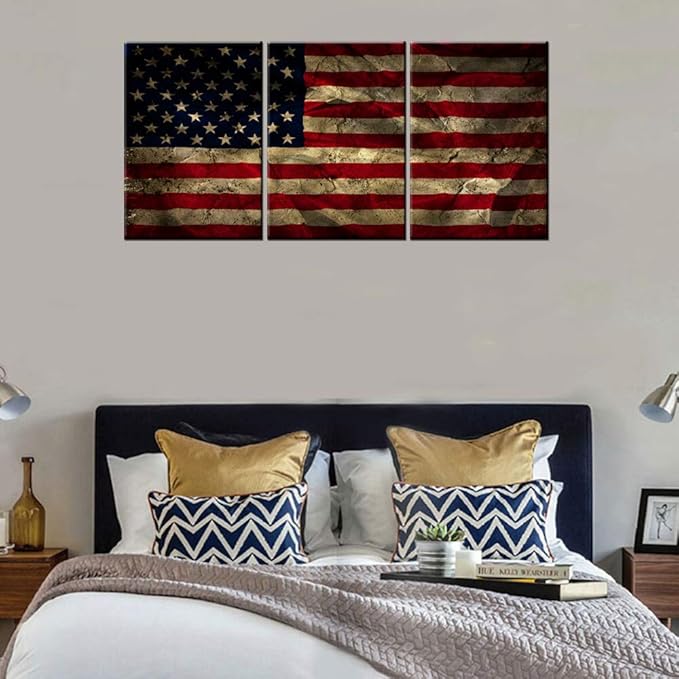 Native American Wall Art Folds Creases Retro Paintings 3 Piece Canvas Grunge Pictures for Living Room Patriotism Artwork Modern Home Decor Wooden Framed Ready to Hang Posters and Prints(42''Wx20''H)