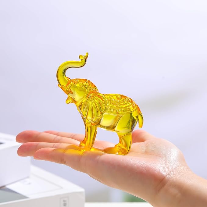 Crystal Elephant Figurines Gifts for Women Men, Crystal Animals Collectible StatueTabletop Decoration Elephant Sculpture with Trunk Up Ornaments (Yellow)