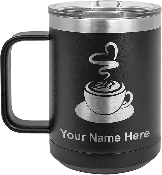 LaserGram 15oz Vacuum Insulated Coffee Mug, Cup of Coffee, Personalized Engraving Included (Black)