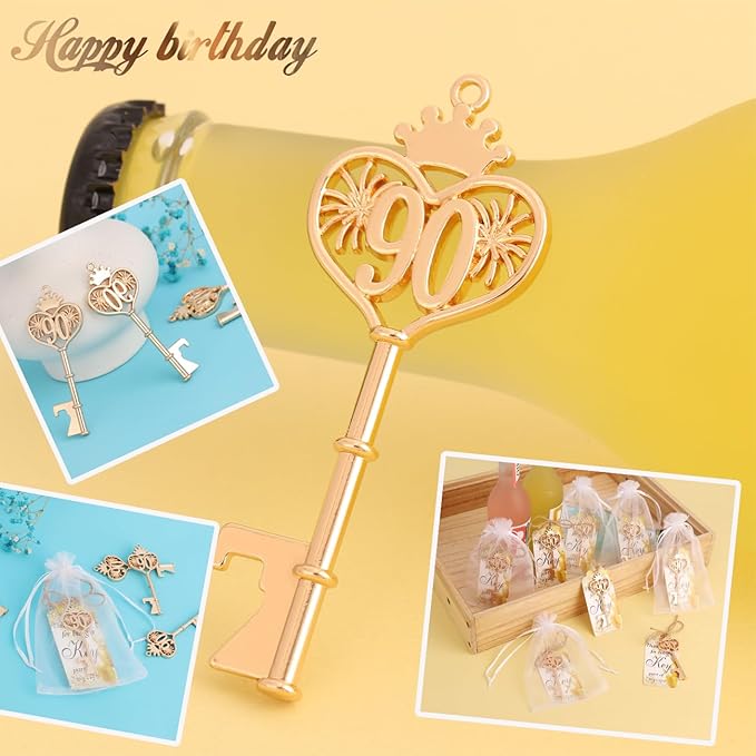90 Birthday Party Favors Key Bottle Opener, 90th Beer Opener Keychain Favors for Guest with Organza Bags and Tags,Beer Keychain Bottle Openers for Birthday Party Decoration Supplies(gold-90)