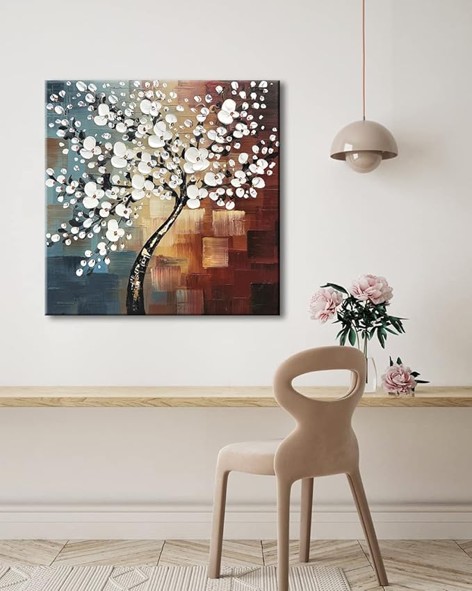 Wieco Art Large Modern Abstract White Flowers Oil Paintings on Canvas Wall Art Morning Glory 100% Hand Painted Floral Gallery Wrapped Artwork for Living Room Bedroom Home Office Decor
