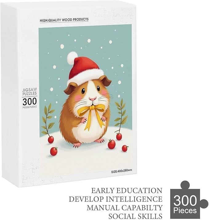 Wooden Puzzle - Hamster Christmas Hat Jigsaw Puzzles，Wooden Puzzles for Adults 300 Pieces Challenge Puzzles，Educational Games，Family Puzzles，Unique Gifts for Wall Art