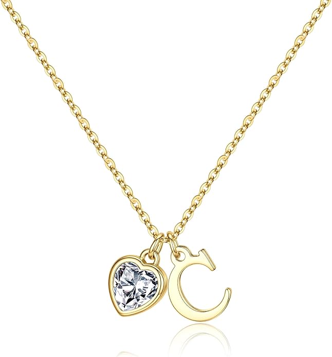Turandoss Valentines Day Gifts for Her Trendy, Dainty 14K Gold Plated Initial A-Z Heart Birthstone Pendant Necklace Personalized Bridesmaid Birthday Valentines Jewelry Gifts for Women Girls