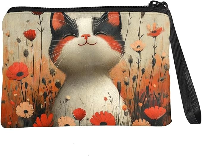 Dolyues Cat Flower Change Purses for Women Zipper Coin Purse Floral Coin Pouch With Wristlet Cute Wallets for Shopping Travel and Work