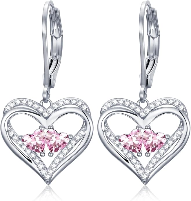Heart Leverback Earrings Double Birthstone Dangle Earrings for Women, Love Jewelry for Her, Christmas Gifts for Women, Anniversary Birthday Gift for Mom Wife Girlfriend
