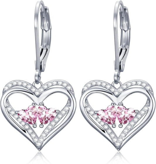 Heart Leverback Earrings Double Birthstone Dangle Earrings for Women, Love Jewelry for Her, Christmas Gifts for Women, Anniversary Birthday Gift for Mom Wife Girlfriend