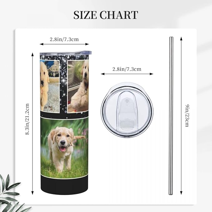 Personalized Custom tumbler Coffee Mug with Lid and Straw Hot and Cold Stainless Steel Vacuum Insulated Travel Mug with Photo Personalized tumbler Gift (20 oz, Cylinder，3 photos)