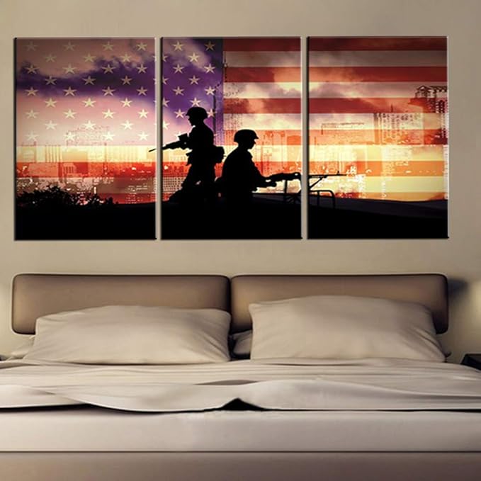 TUMOVO 3 Piece Canvas Wall Art Modern American Flag Paintings for Living Room Soldiers Silhouettes Pictures HD Prints White Stars Artwork Home Decor Giclee Framed Stretched Ready to Hang(60''Wx28''H)