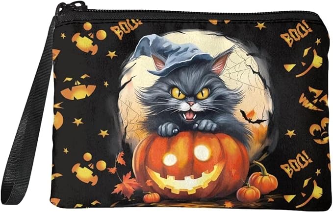Dolyues Halloween Coin Purse Black Cat Small Change Purse Card Holder Black Wallet for Women Men Portable Zipper Coin Purse Mini Change Wallet