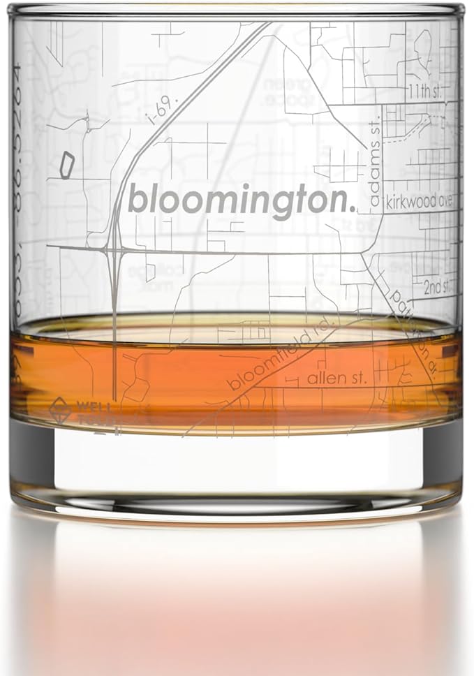 Well Told Engraved Bloomington Indiana Map Rocks Glass, Old Fashioned Glassware (11 oz, Clear) Etched Bourbon Tumbler, Gifts For Whiskey Lovers
