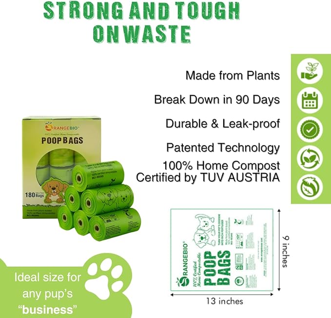 OrangeBio Dog Poop Bags, 100% Certified Home Compostable, 13 x 9 Inches - 180 Count (15 Bags per Roll, 12 Rolls), OK Compost Home