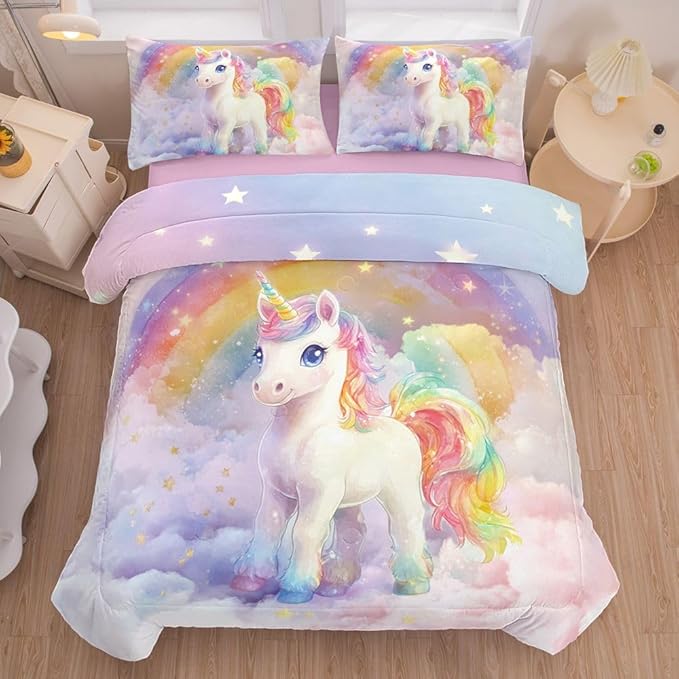 5PCS Unicorn Comforter Sets Queen,Queen Comforter Set for Girls,Cute Unicorn Bed Set for Kids,Girls,Teens,All Season Use