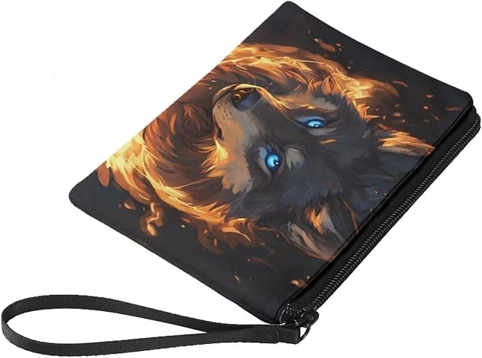 Dolyues Wolf Fire Coin Purse Pouch Animal Print Coin Change Purses Cool Coin Holders For Kids Zipper Wallet with Hand Wristlet Lightweight and Portable