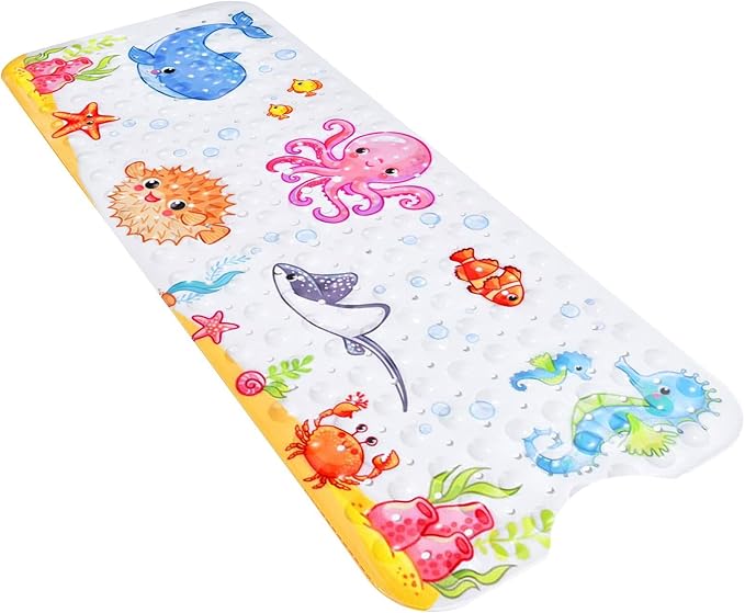 Bath Mat for Tub Non Slip, Machine Washable Anti Slip Cartoon Baby Bathtub Shower Mat with Drain Holes and Suction Cups for Toddler & Kids, 40 Inch x 16 Inch-Rectangular, Pink Octopus